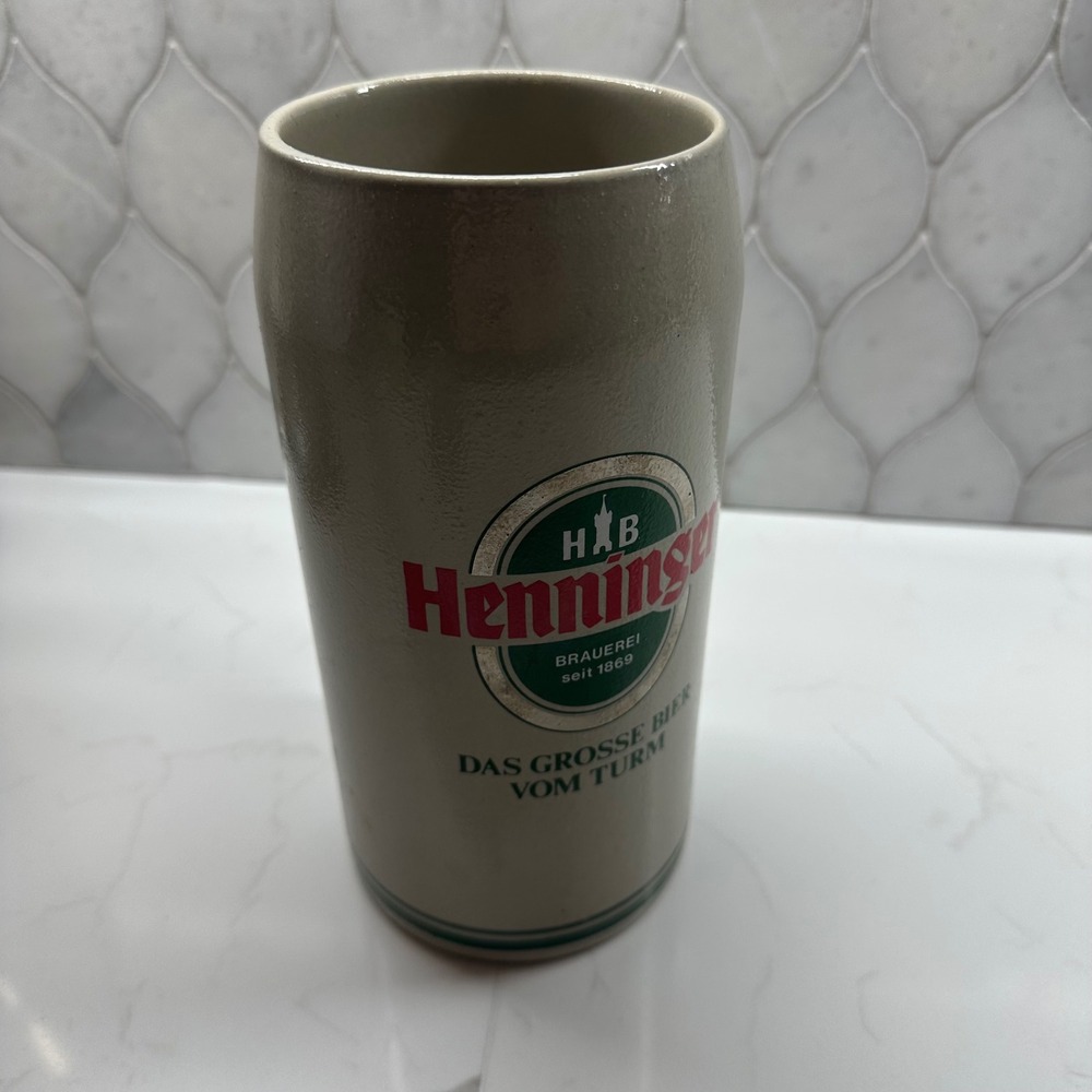 Henninger Brauerei German Beer Stein Mug 1L Sahm Stoneware Grey Green Red
